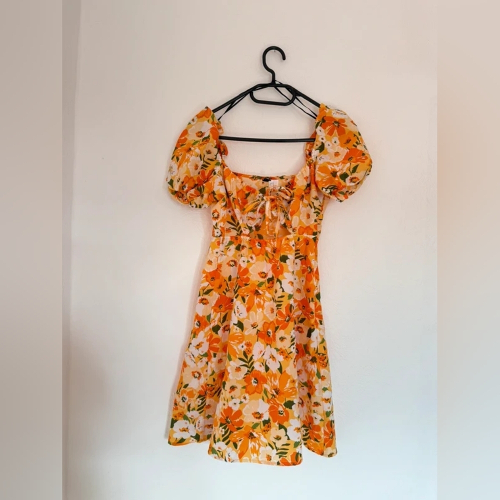 Floral Puff Sleeve Dress - Orange